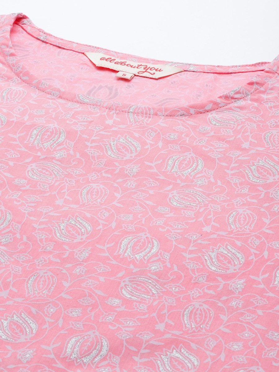 All About You Women Pink Ethnic Motifs Printed Pure Cotton Kurta with Trousers