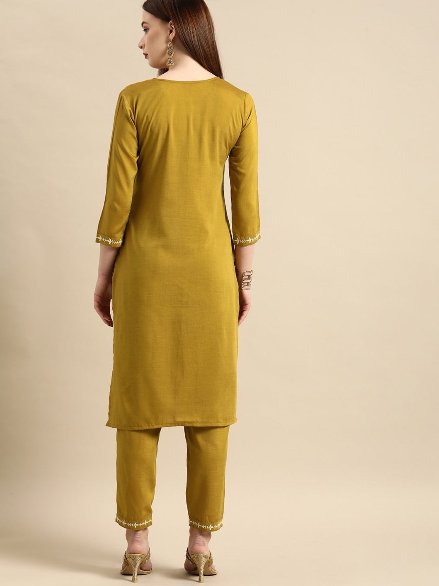All About You Women Mustard Yellow Floral Embroidered Thread Work Kurta with Trousers