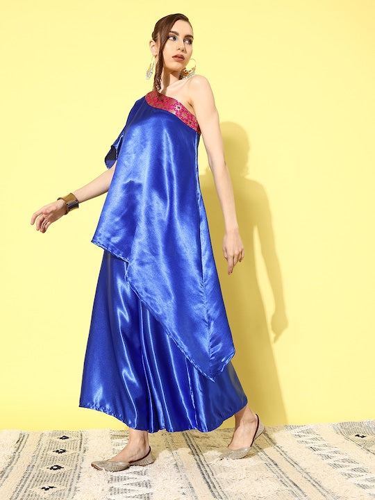InWeave Women's Blue Pink Brocade Satin Oneshoulder Kurta Set
