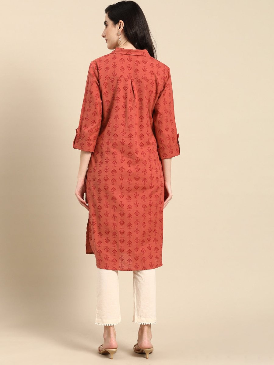 All About You Women Red Cotton Ethnic Motifs Printed Pathani Kurta