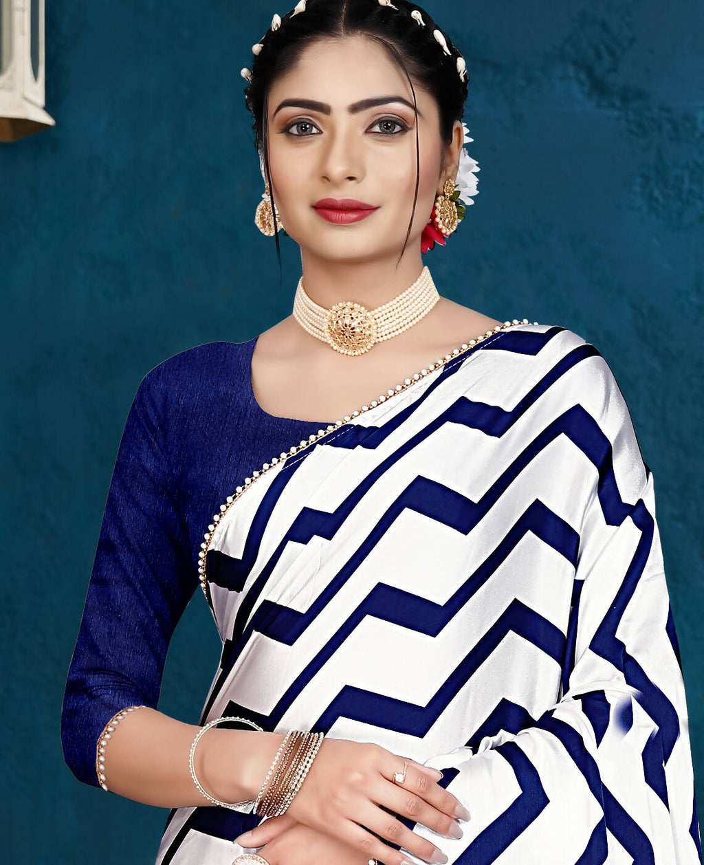Blue Japan Satin Stripe Printed Saree With Unstitched Blouse Piece - Laavanya