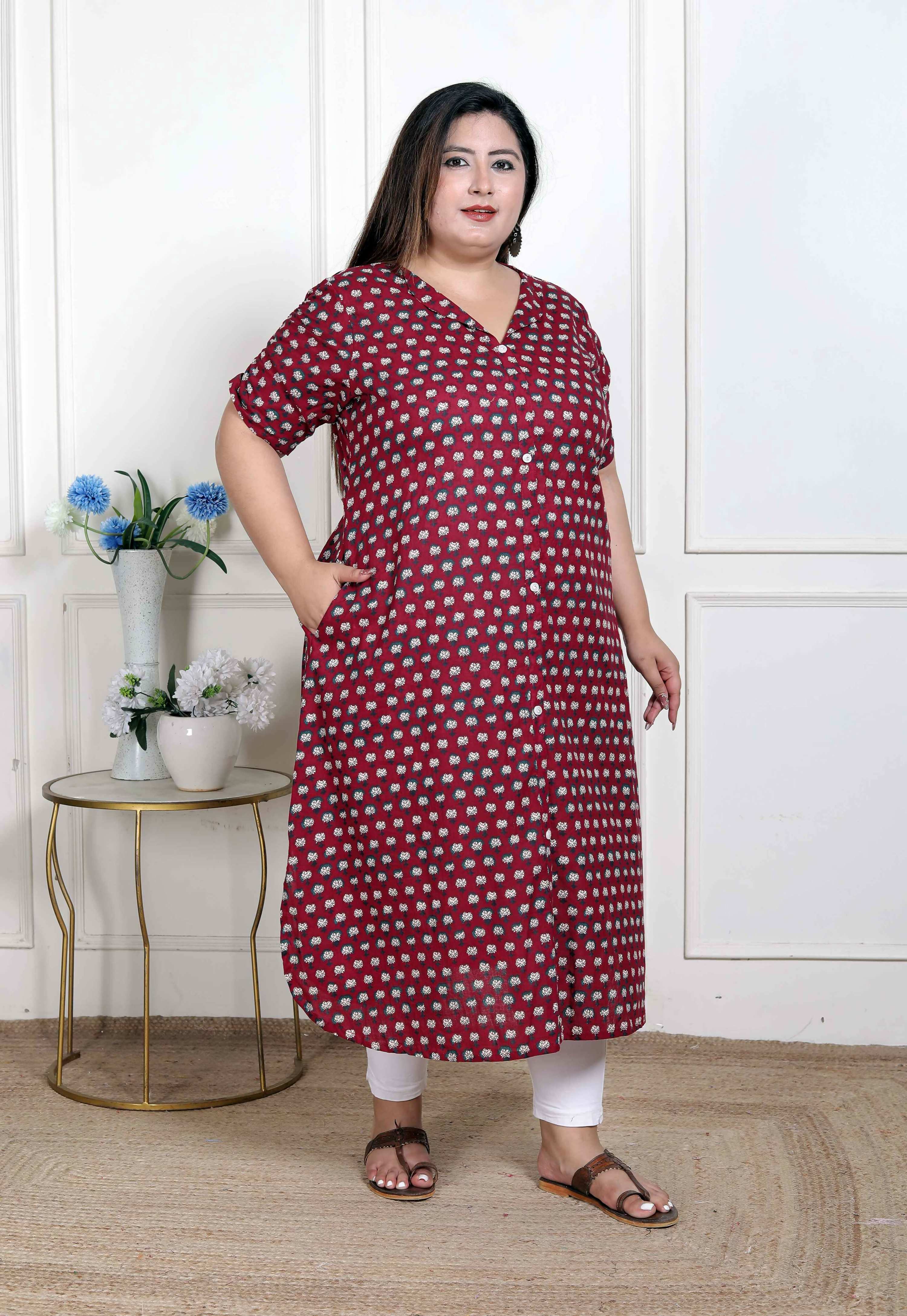 Miravan Women's Plus Size Relaxed Fit Red Floral Printed A-Line Pure Cotton Kurta