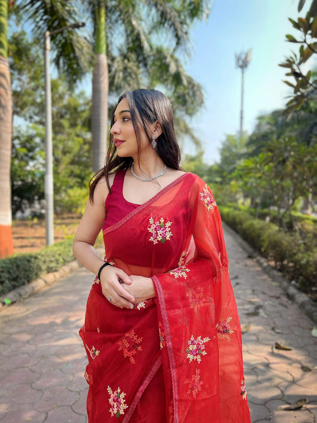 Vamsee Red-Garden Red Organza Saree