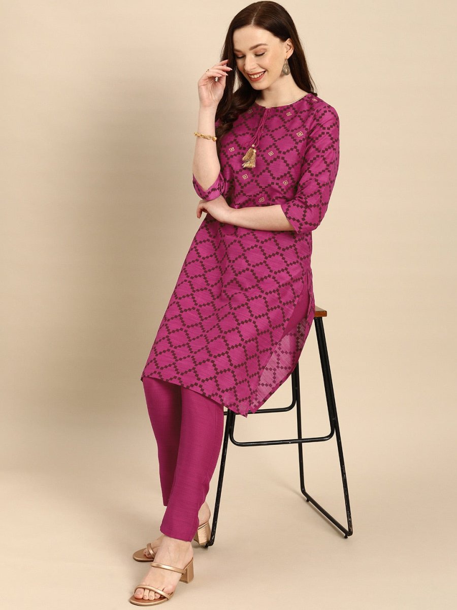 All About You Women Purple & Maroon Printed Kurta with Trousers