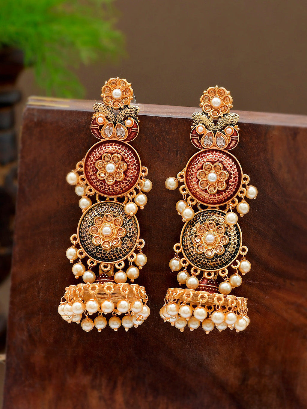 Shoshaa Maroon & Green Gold-Polished Contemporary Jhumkas Earrings
