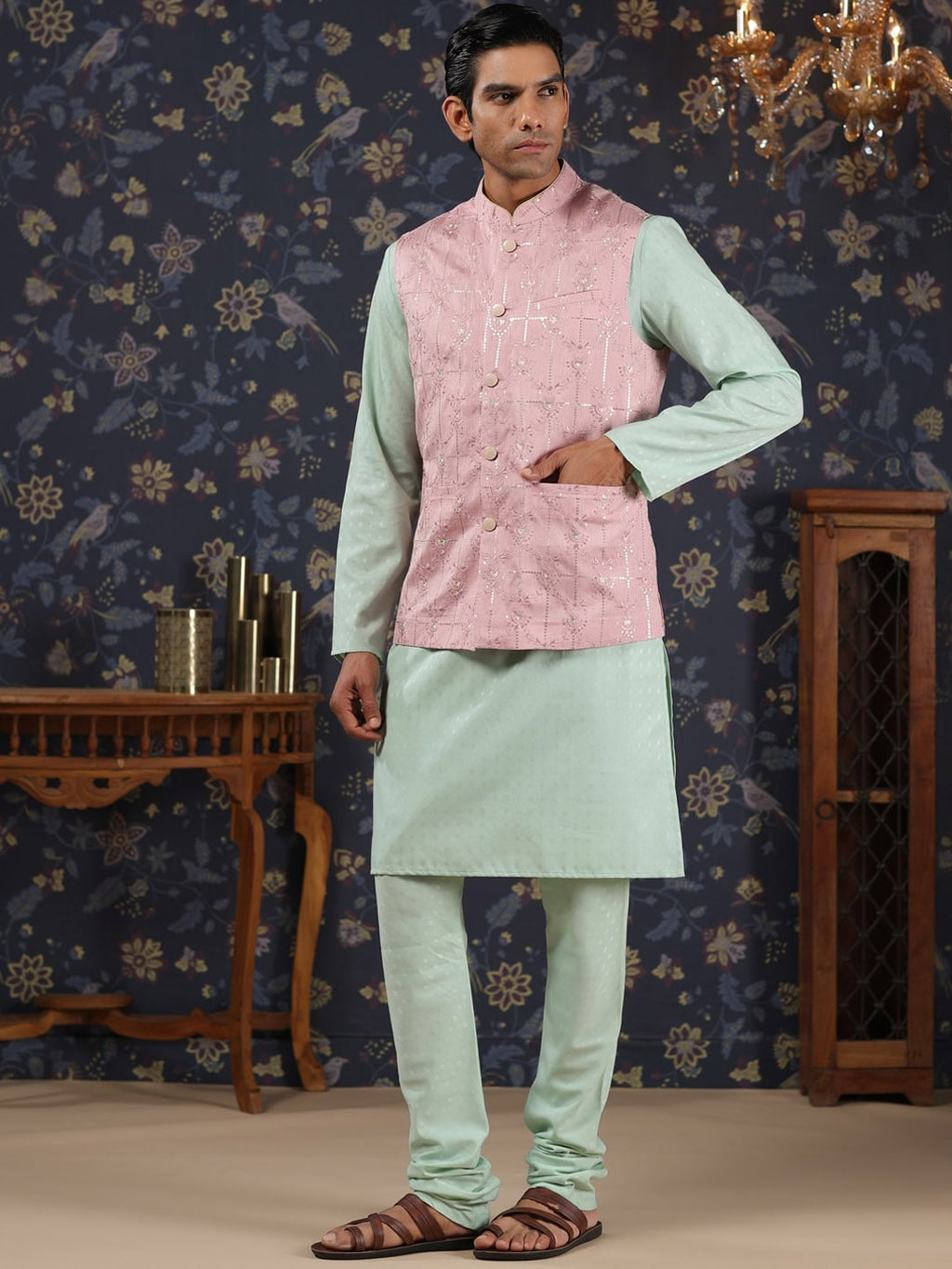 House of Pataudi Mandarin Collar Straight Kurta With Churidar & Embroidered Nehru Jacket