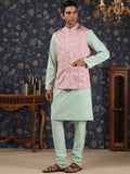 House of Pataudi Mandarin Collar Straight Kurta With Churidar & Embroidered Nehru Jacket