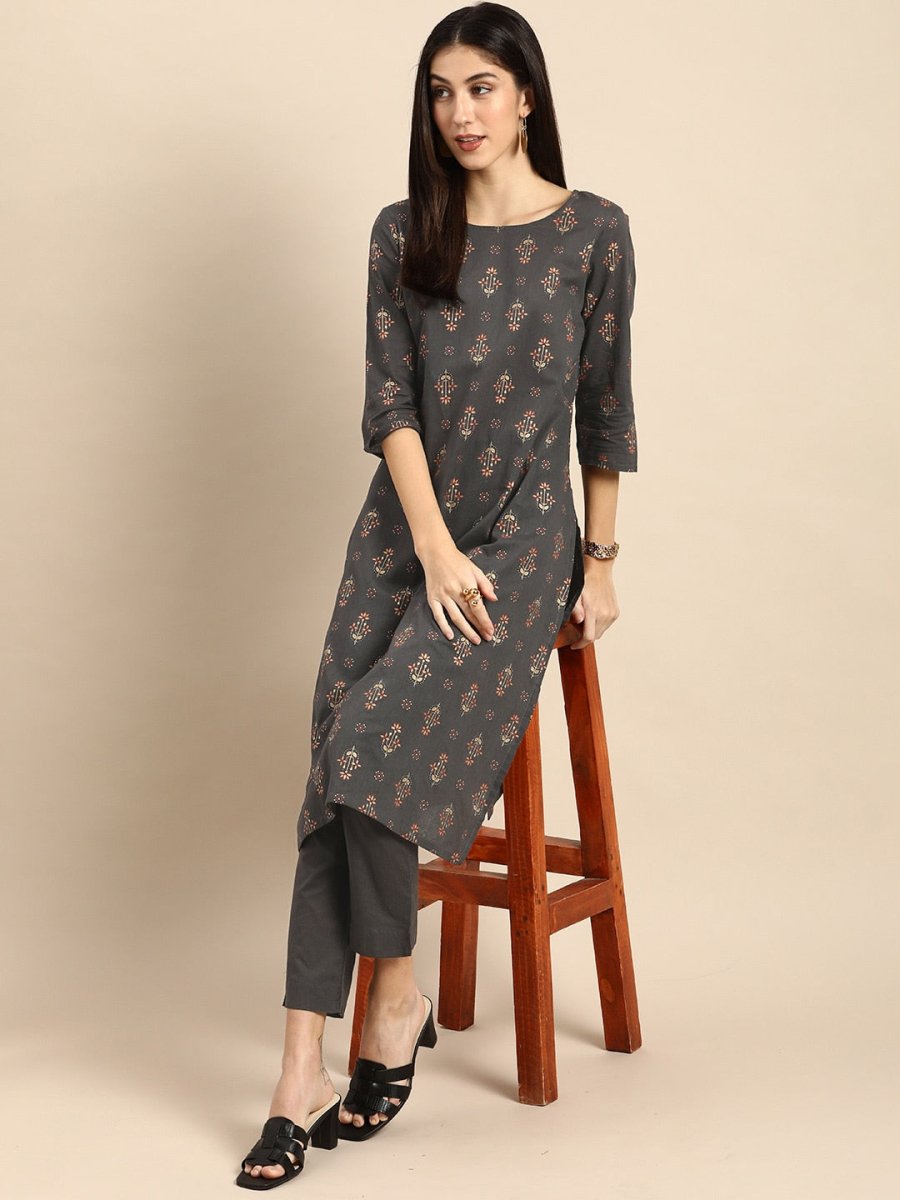 All About You Women Grey Ethnic Motifs Printed Pure Cotton Kurta with Trousers