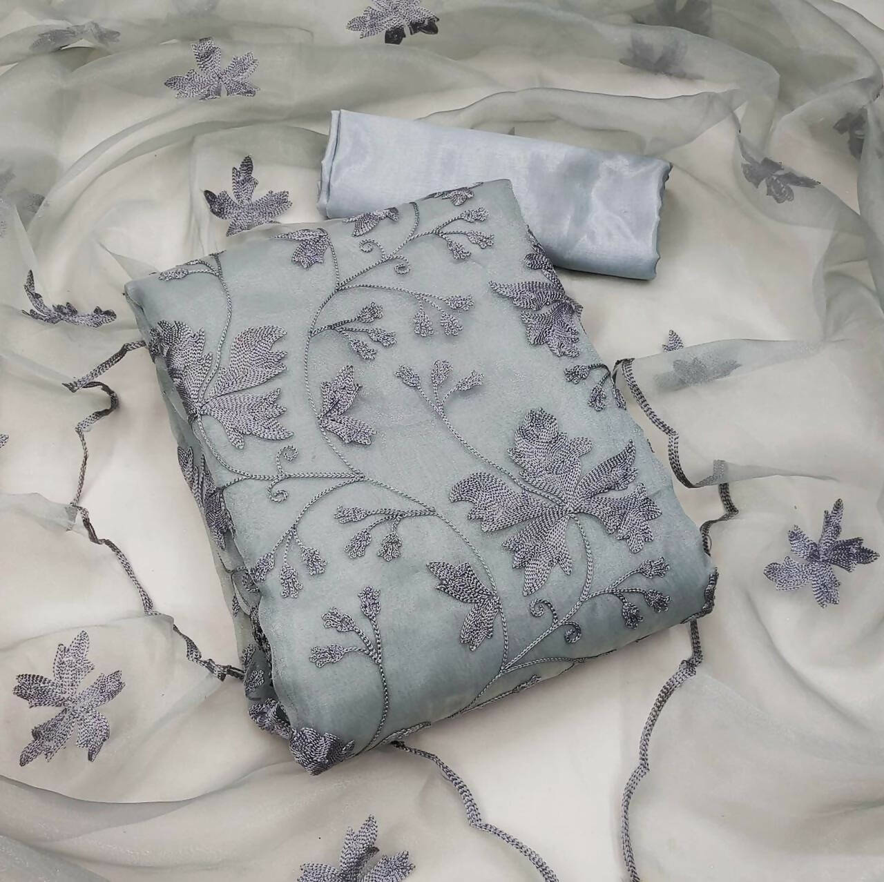 Grey Heavy Organza Silk Embroidered Unstitched Dress Material - Amara