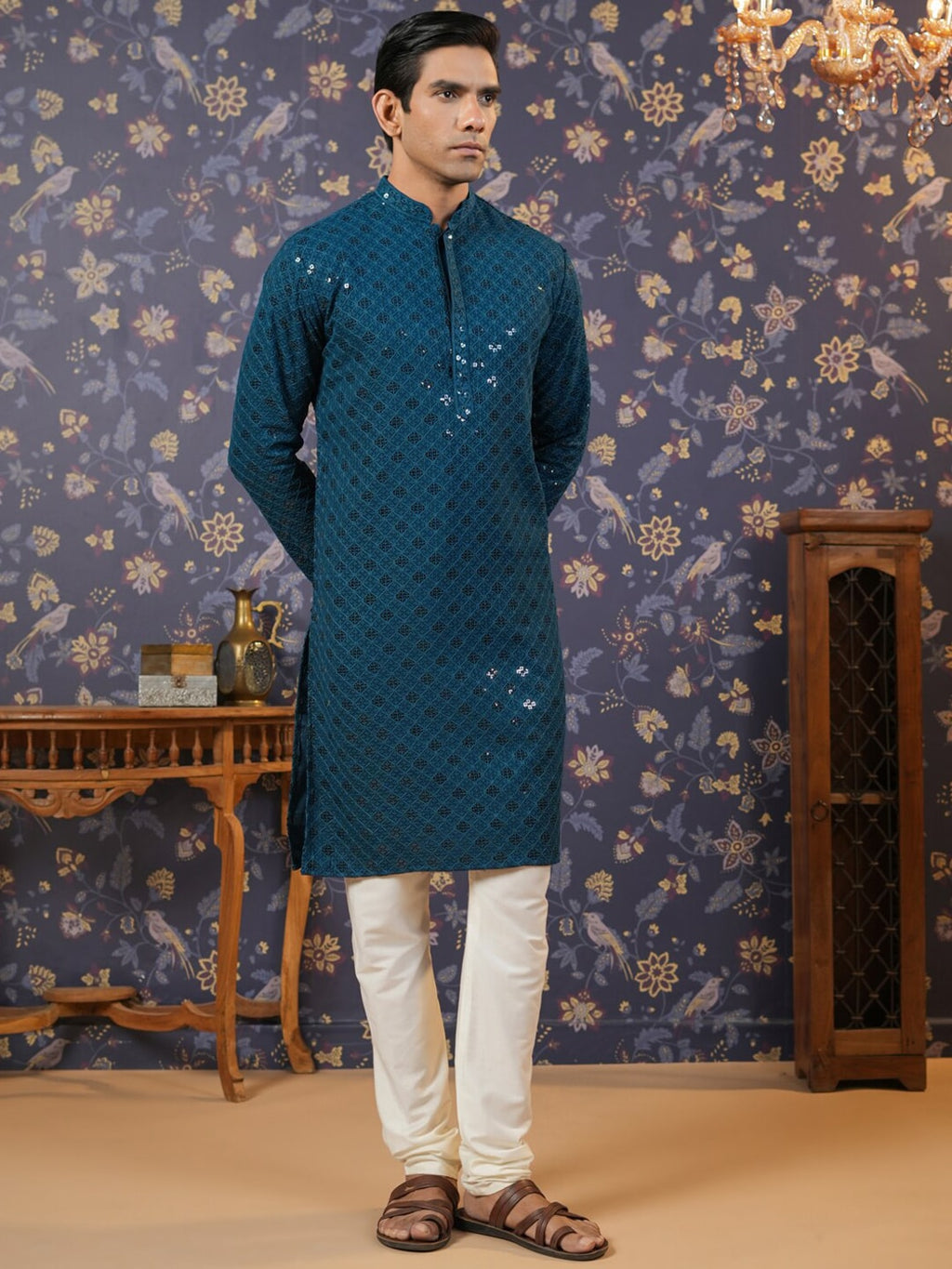 House of Pataudi Ethnic Motifs Embroidered Sequinned Straight Kurta With Churidar
