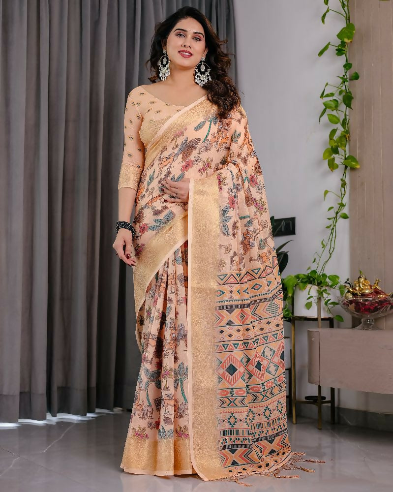 PR Fashion Cream Pure Handloom Linen Saree