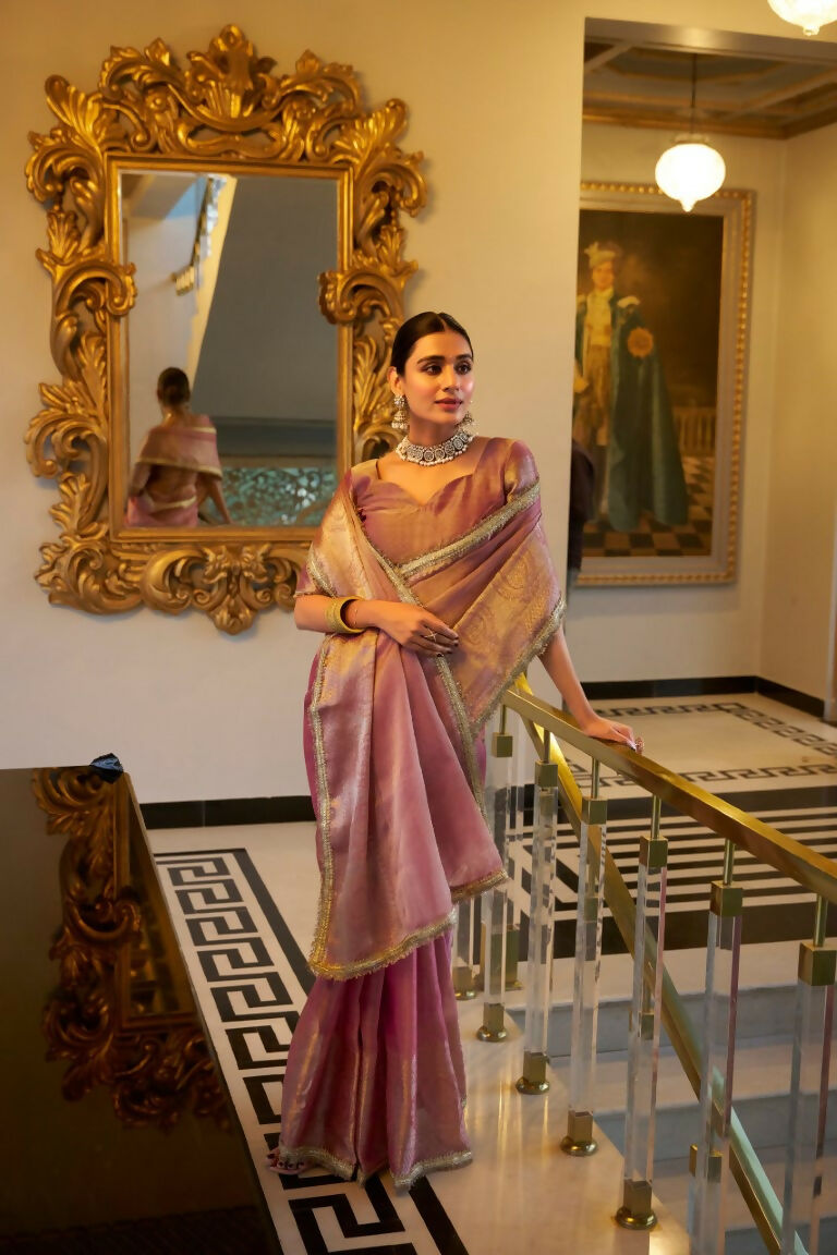 Vastranavya Baby Pink Tissue Shimmer Zari Weaving Work Saree with Unstitched Blouse