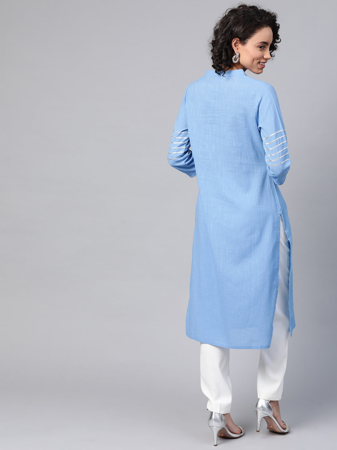 HERE&NOW Women Blue & White Pure Cotton Solid Straight Kurta