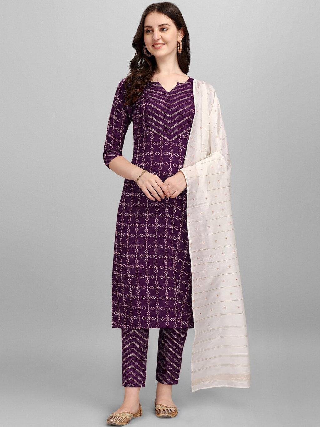 HERE&NOW Purple Ethnic Motifs Printed Pure Cotton Kurta with Trousers & With Dupatta