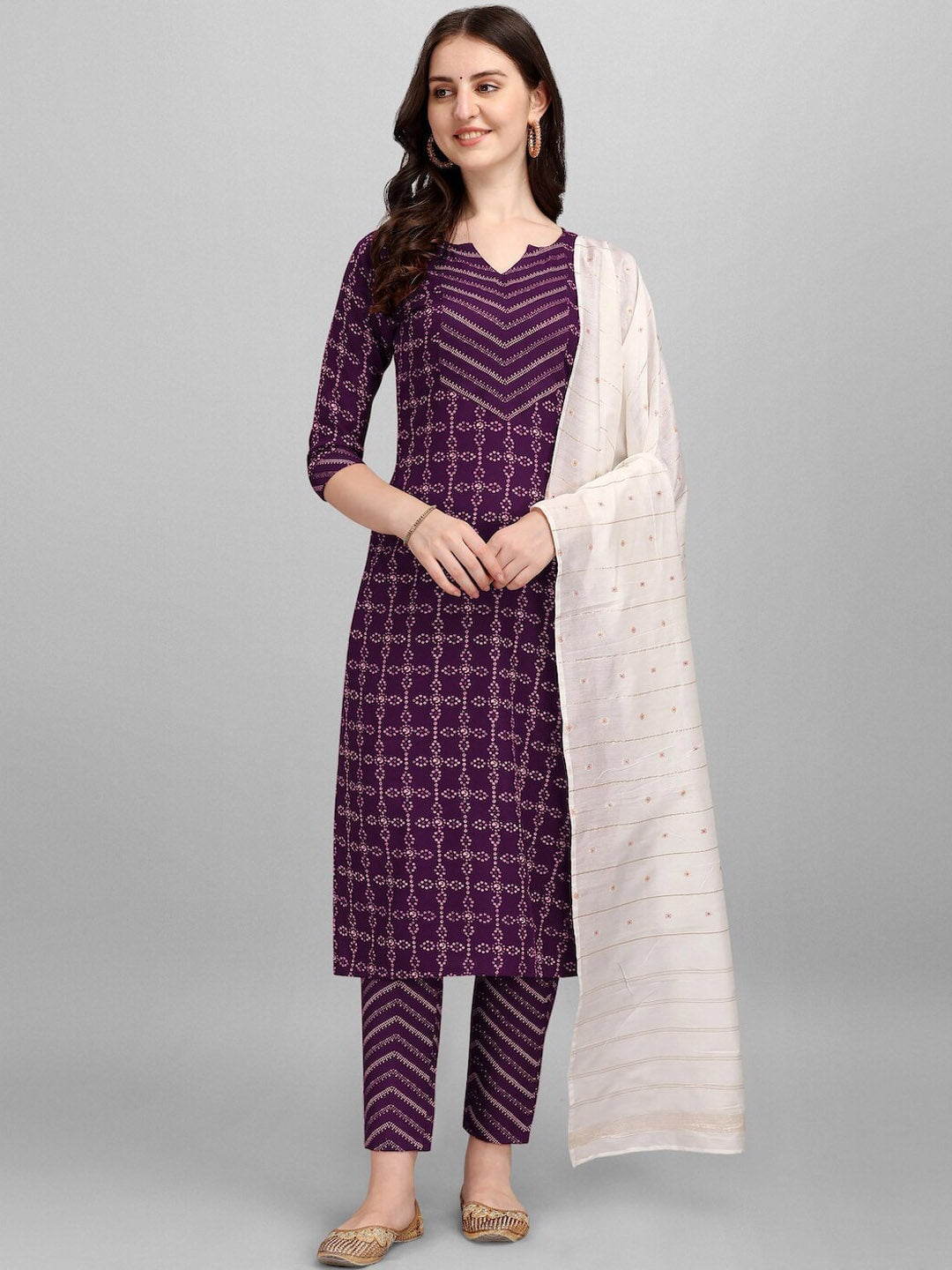 HERE&NOW Purple Ethnic Motifs Printed Pure Cotton Kurta with Trousers & With Dupatta