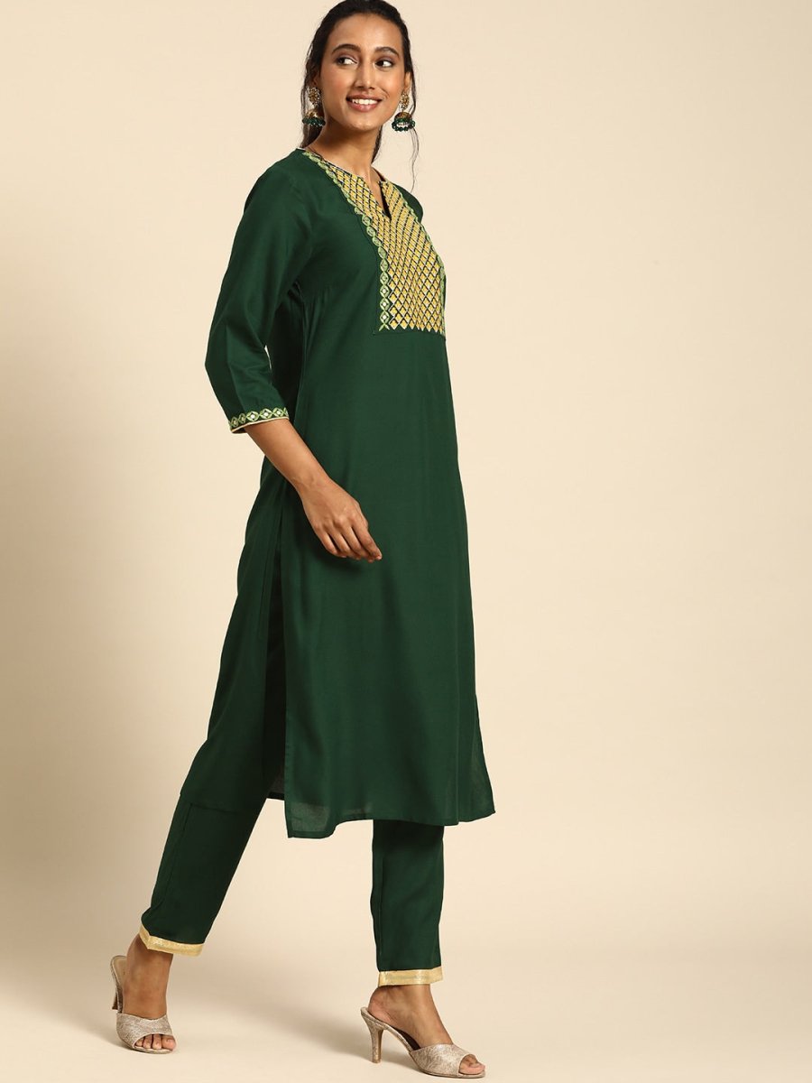 All About You Women Green Ethnic Motifs Yoke Design Regular Thread Work Kurta with Trousers