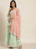 Juniper Pista Green Thread Embroidered Kurta Palazzo & Cotton Dupatta Set