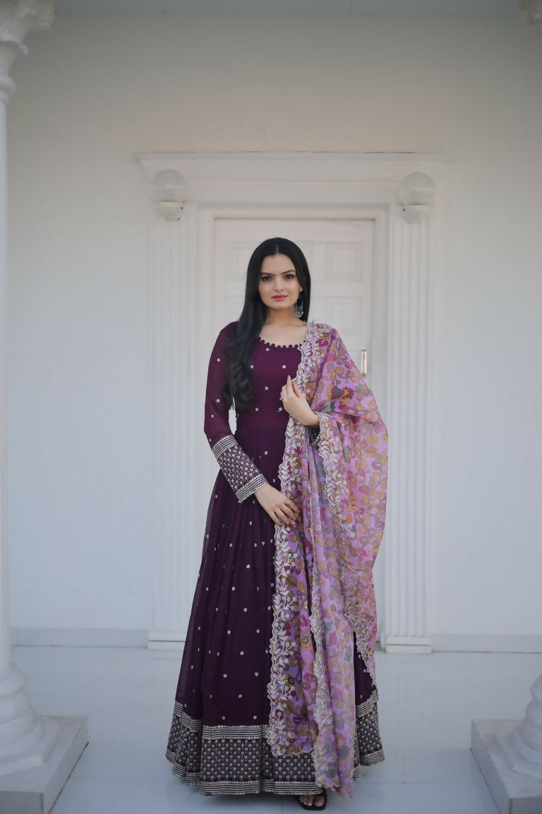Jyoti Fashion Women's Wine Faux Blooming Sequence Zari Embroidered Anarkali Dress with Dupatta