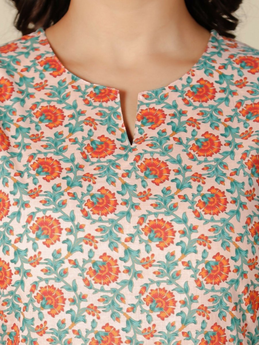 Aramya Orange Soft Cotton Floral Print Straight Kurta Set for Women