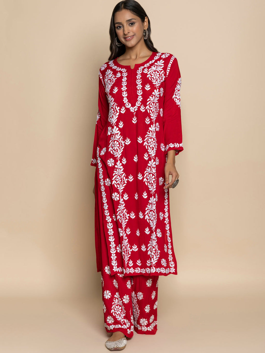 HOUSE OF KARI Floral Embroidered Chikankari Cotton A-Line Kurta