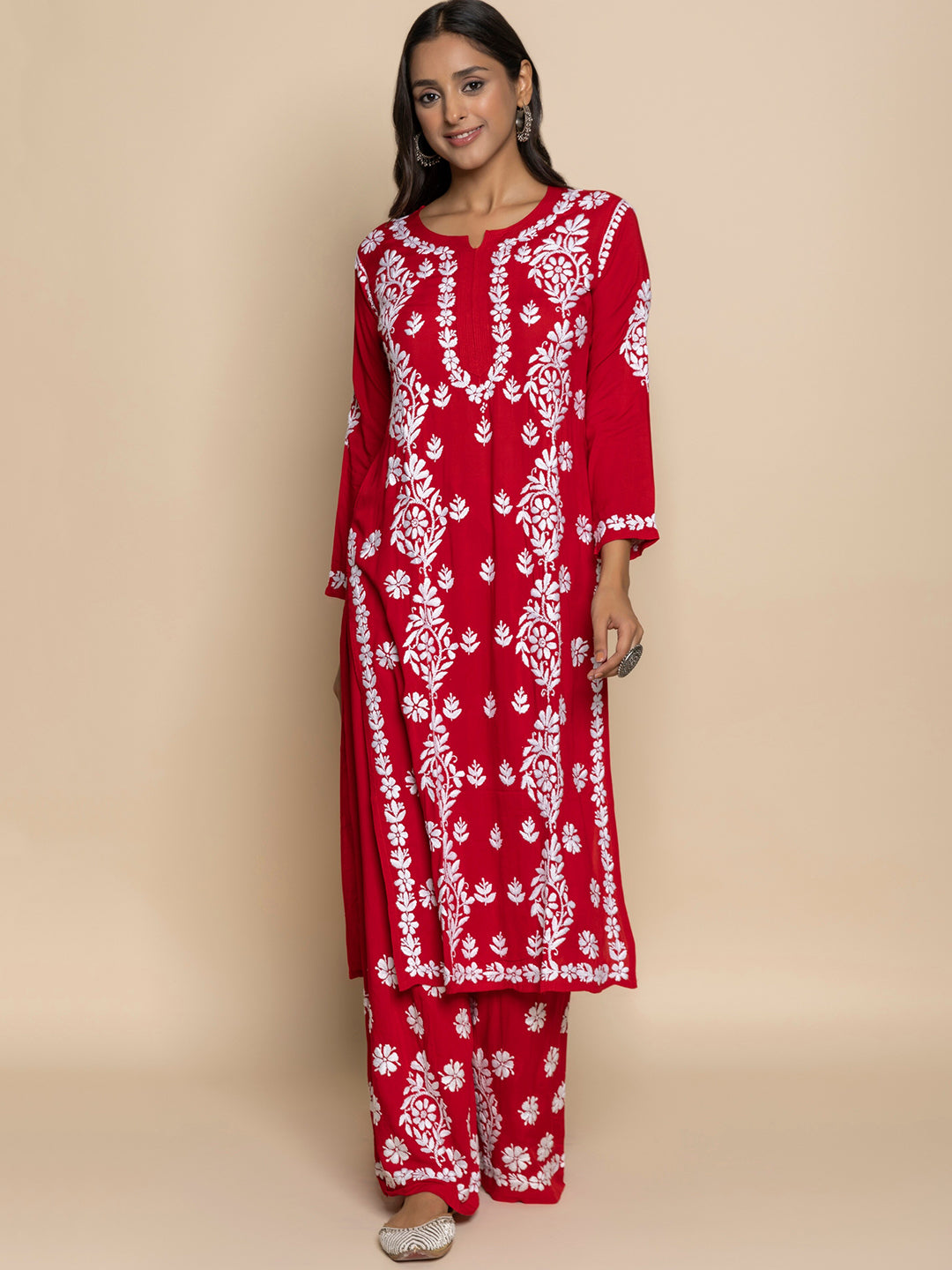 HOUSE OF KARI Floral Embroidered Chikankari Cotton A-Line Kurta