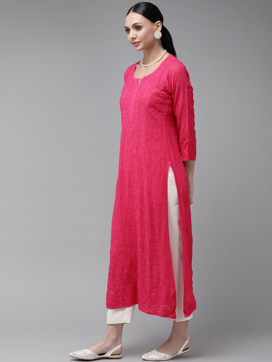 ADA Women Magenta & Magenta Ethnic Motifs Embroidered Chikankari Georgette Kurta