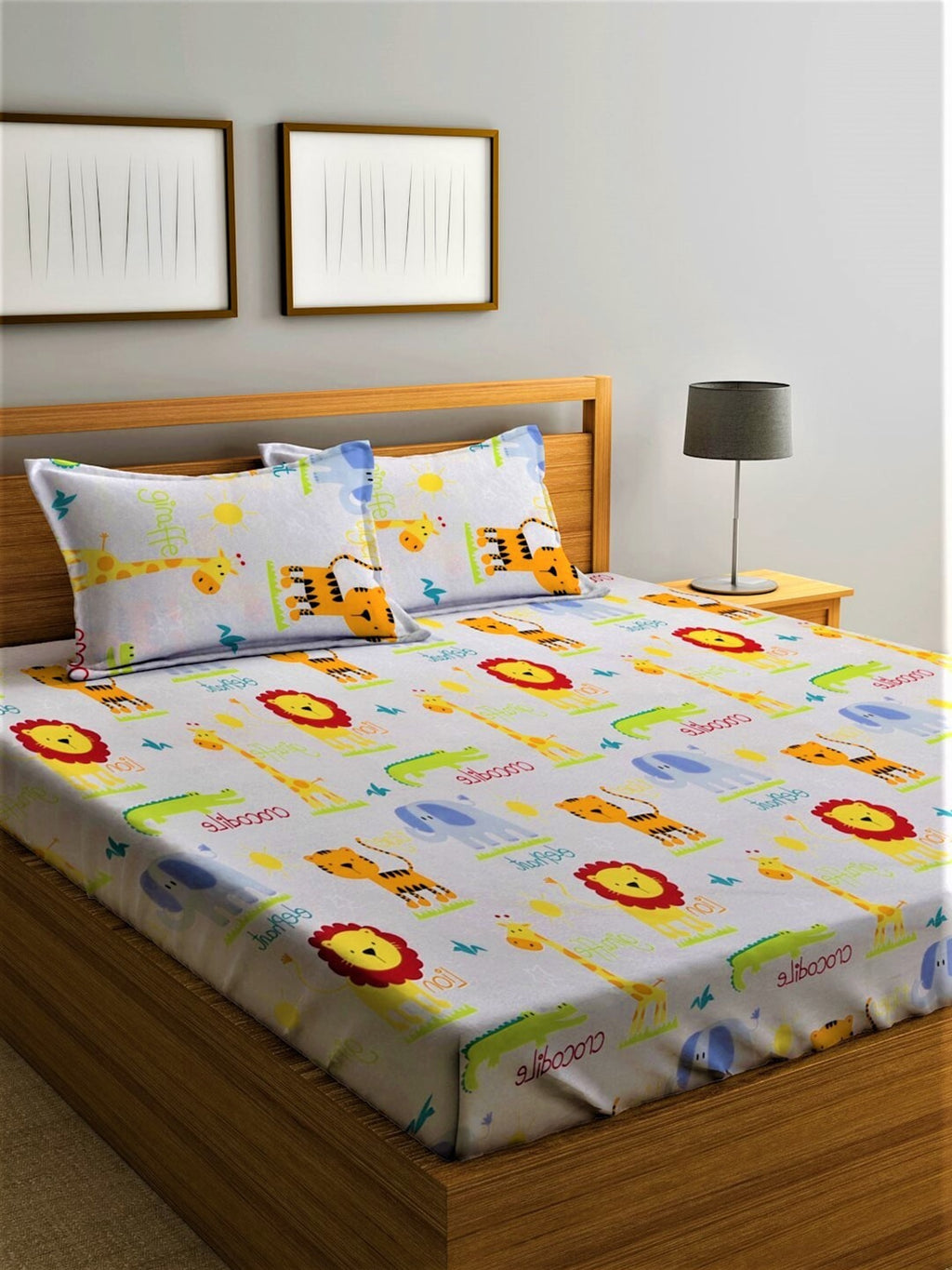 Home Sizzler White & Orange Cartoon Characters 210 TC Bedsheet with Pillow Covers