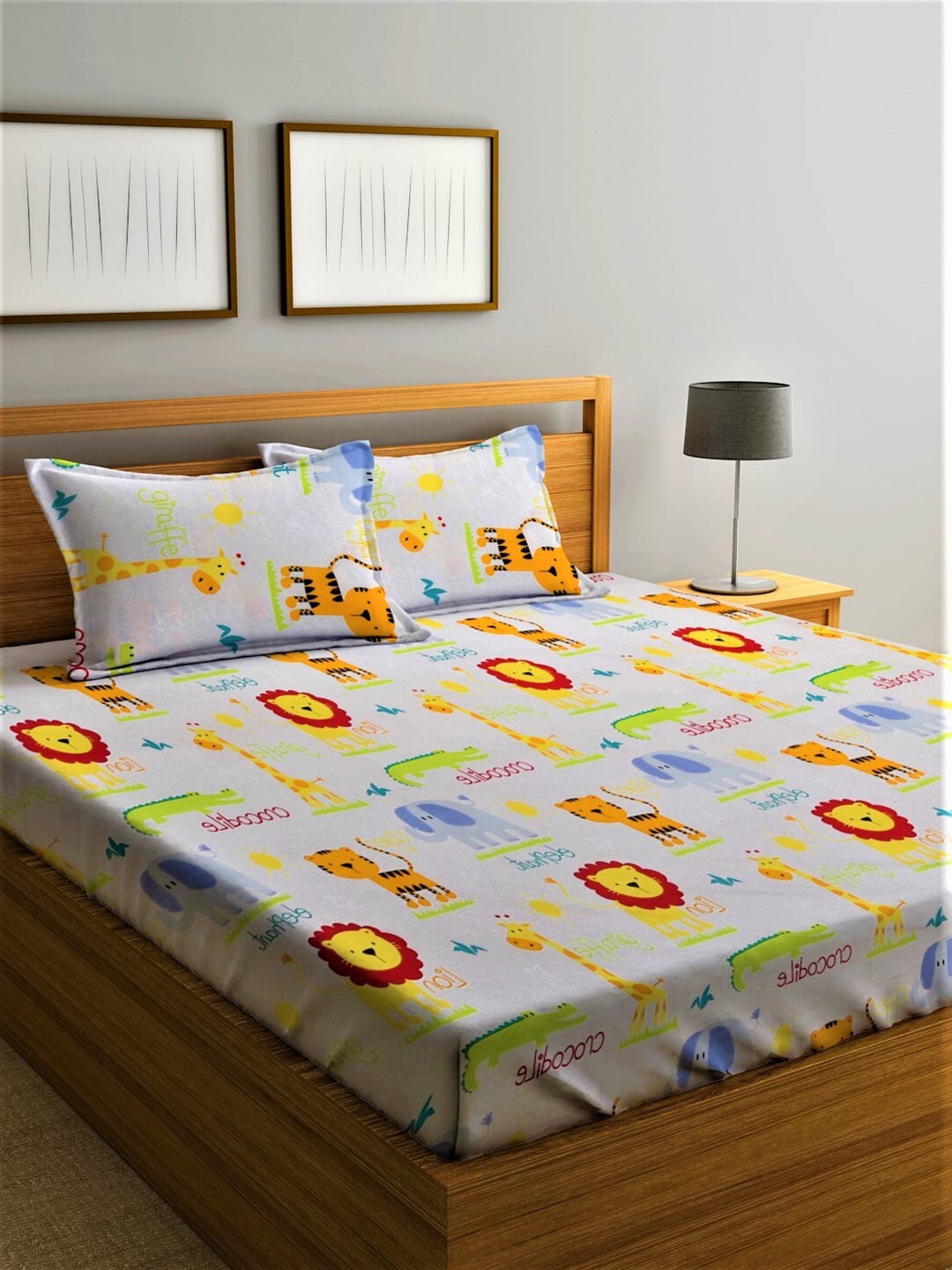 Home Sizzler White & Orange Cartoon Characters 210 TC Bedsheet with Pillow Covers