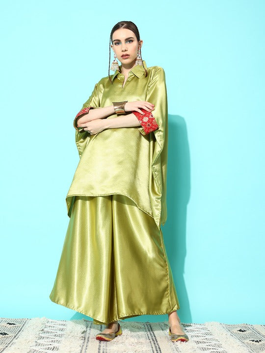 InWeave Women's Olive Red Brocade Satin Boho Kurta Palazzo Set