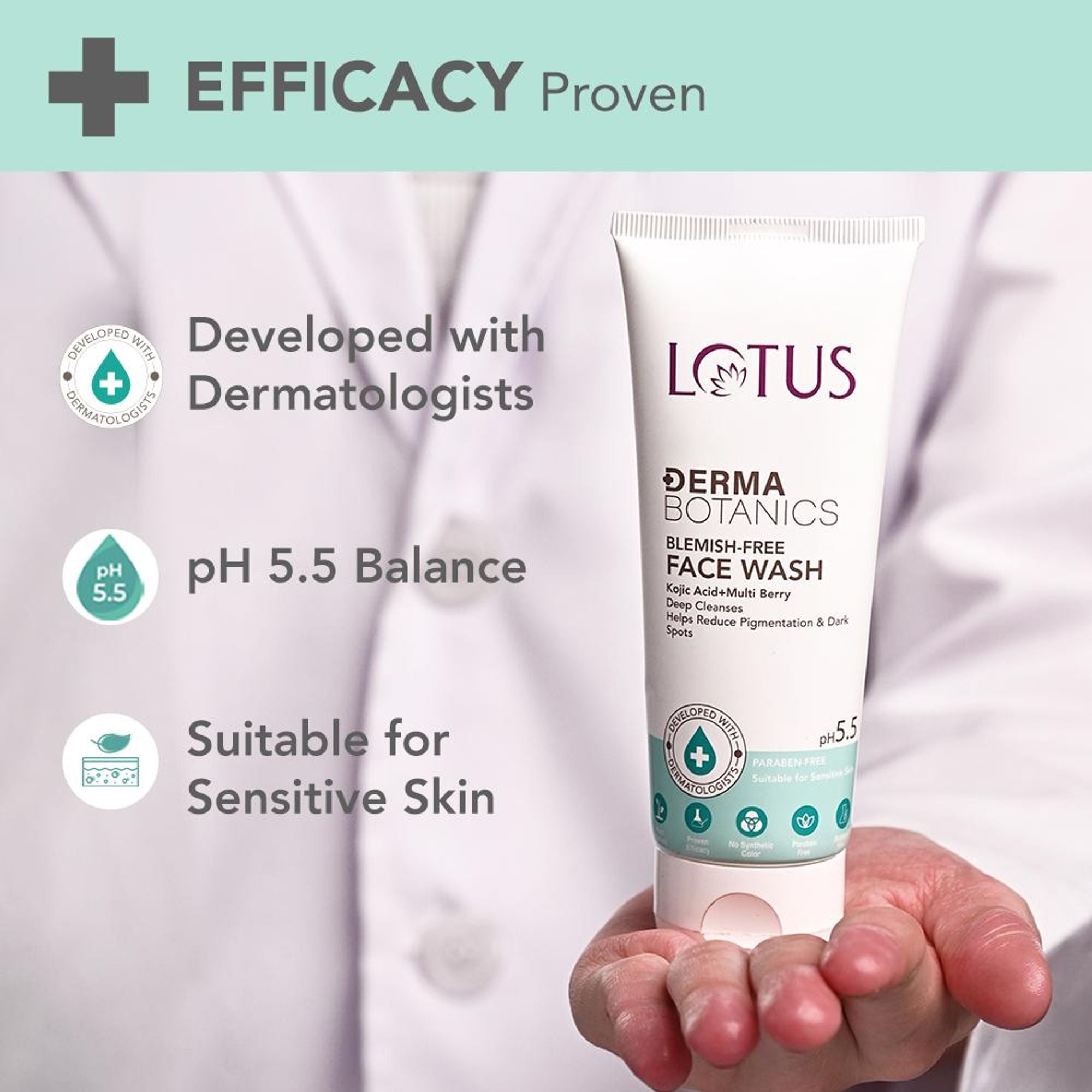 Lotus DermaBotanics Kojic Acid + Multi Berry Blemish-Free Face Wash, pH5.5, For Sensitive Skin