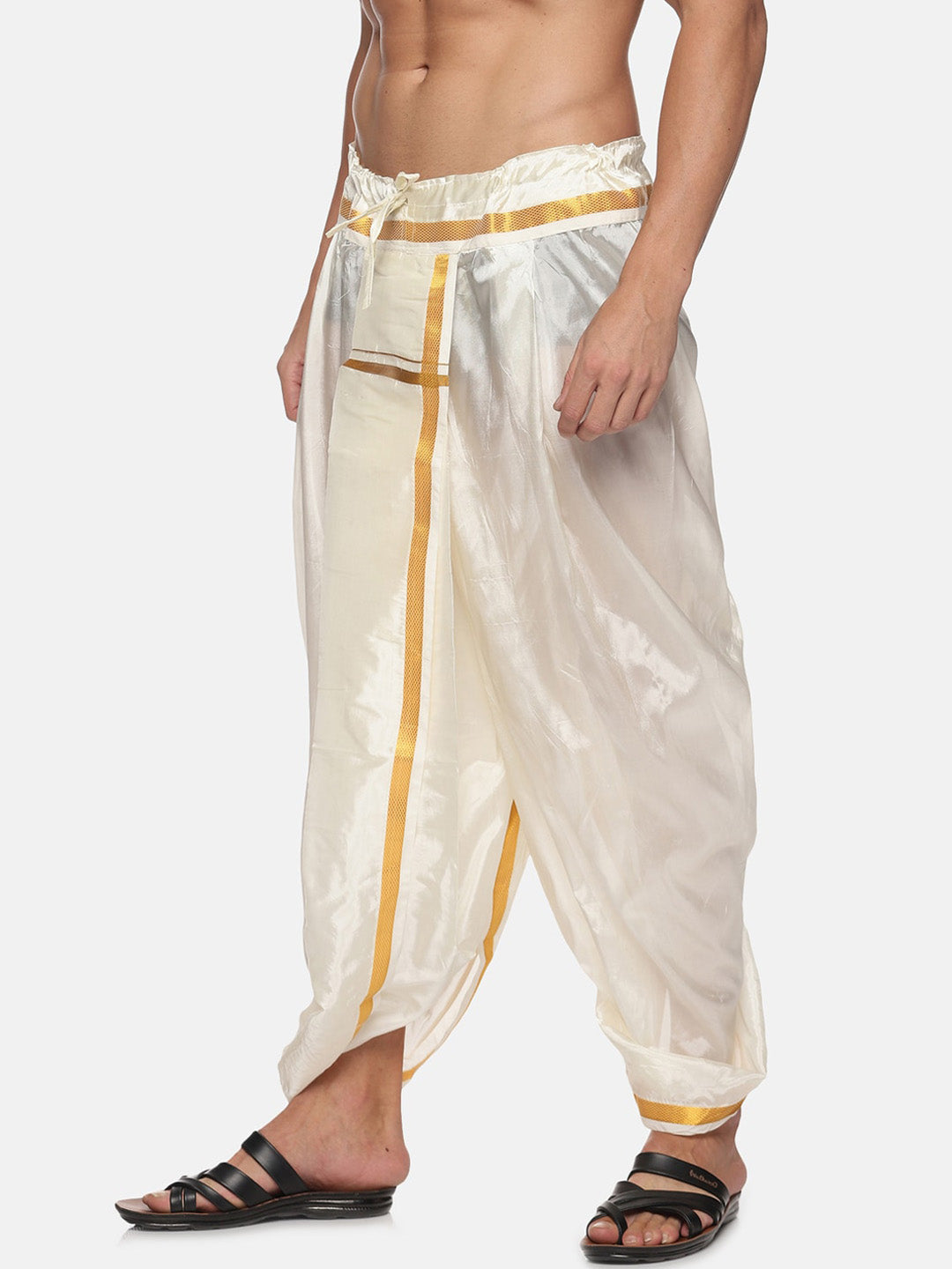 Sethukrishna Men Cream-Coloured & Golden Solid Silk Dhoti