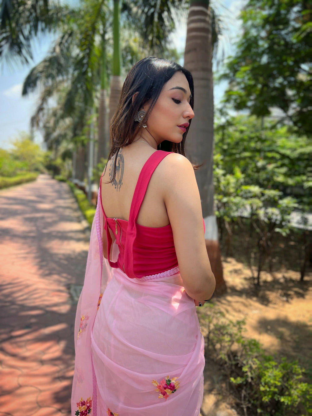 Vamsee Red-Garden Pink Organza Saree