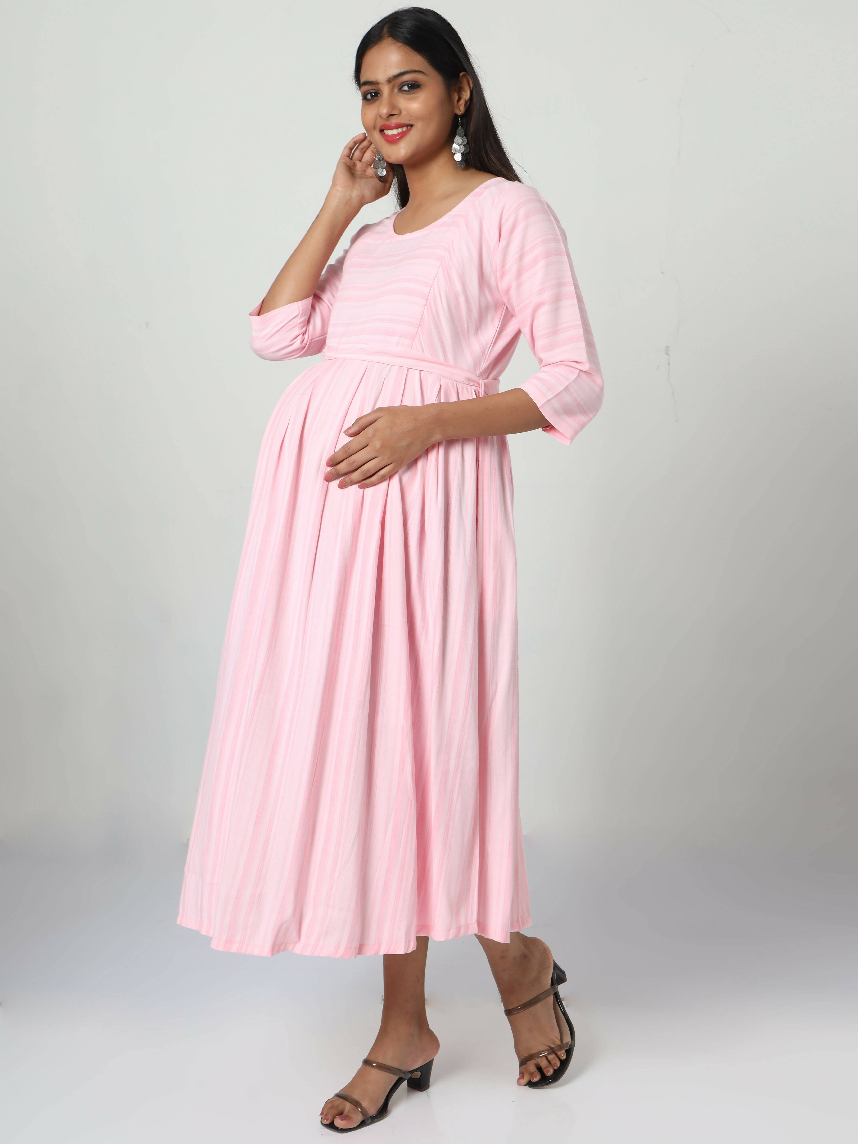 Manet Three Fourth Maternity Dress Striped With Concealed Zipper Nursing Access - Pink