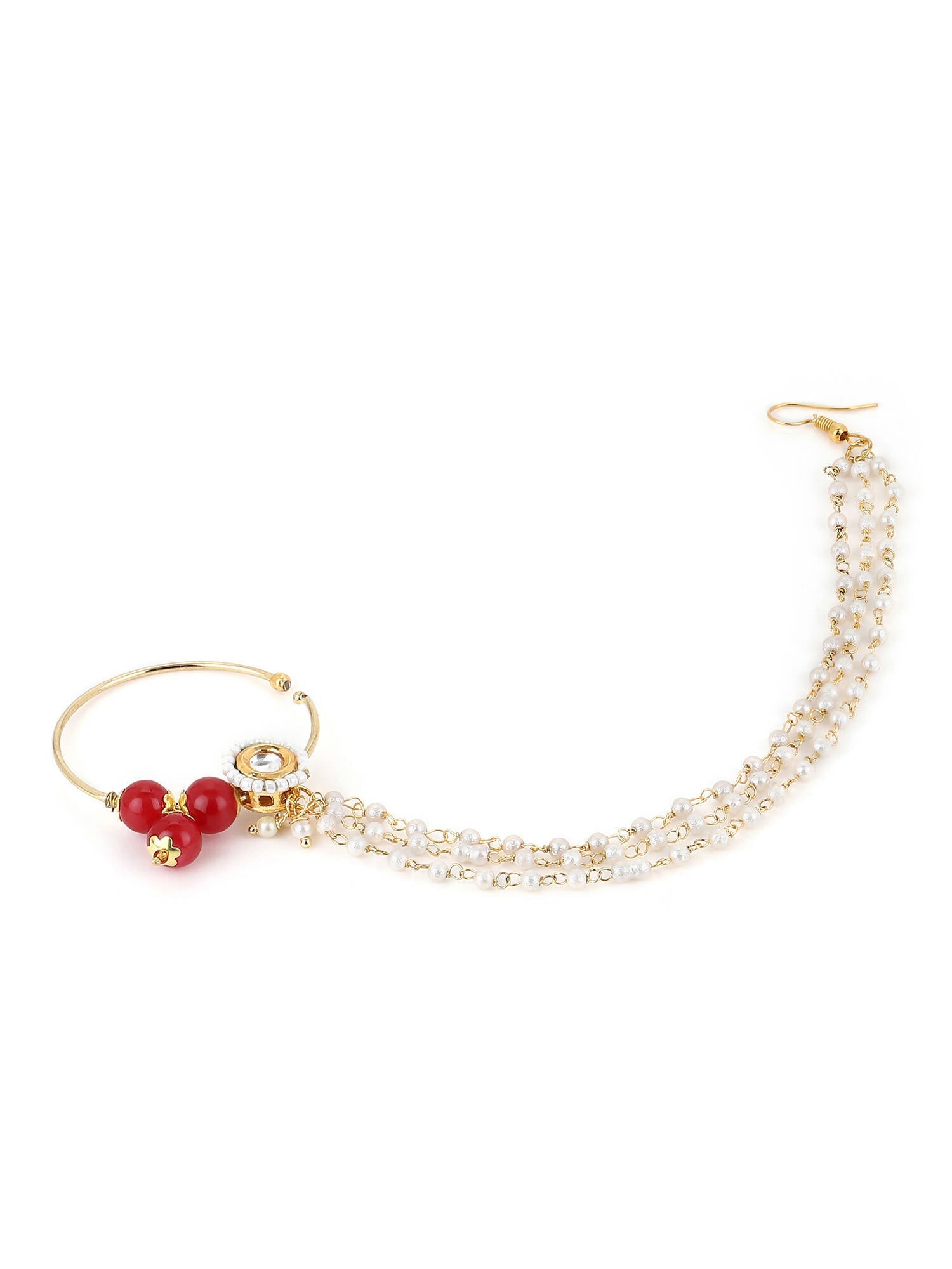 White Red Gold-Polished Kundan-Studded Beaded Nosepin - Ruby Raang