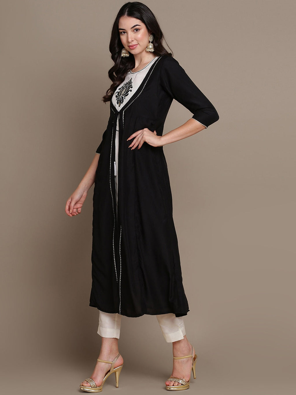 HERE&NOW Ethnic Motifs Embroidered Layered A-Line Cotton Kurta
