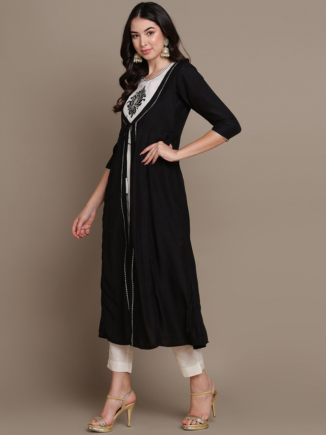 HERE&NOW Ethnic Motifs Embroidered Layered A-Line Cotton Kurta