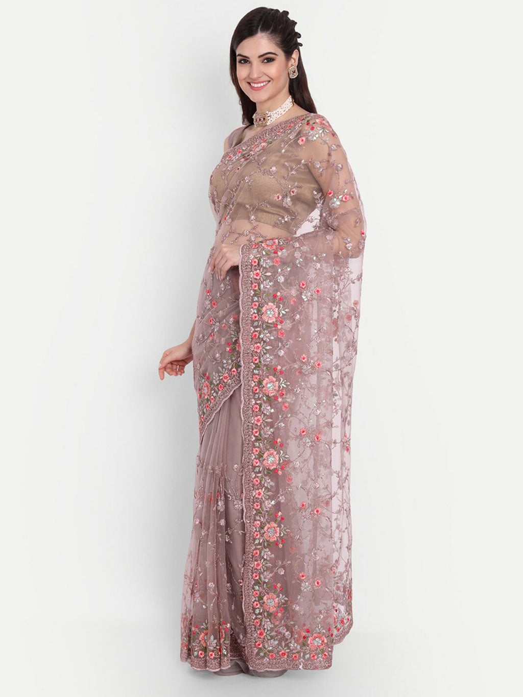 kasee Kasee Lavender & Red Floral Embroidered Net Saree