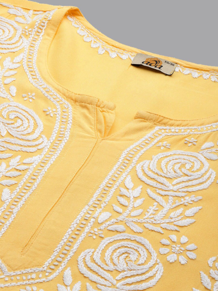ADA Floral Embroidered Lucknowi Chikankari Cotton Silk Straight Kurta