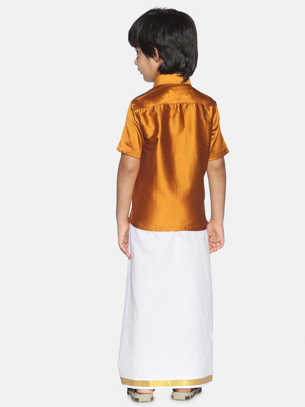 Sethukrishna Boys Mustard Brown & White Solid Shirt and Veshti Set