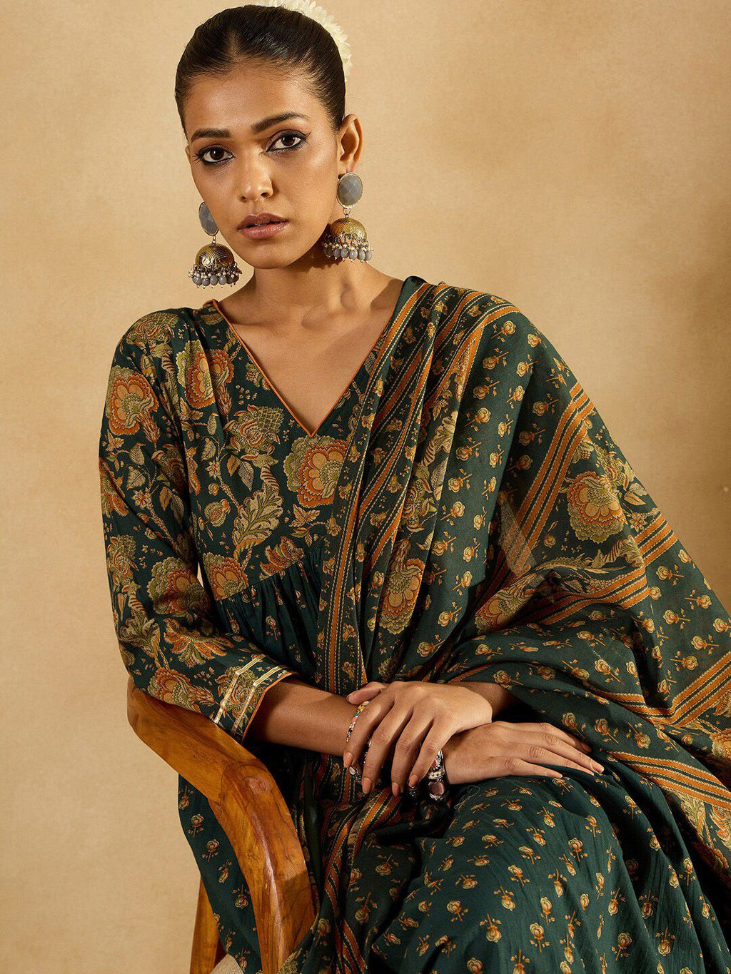 Indo Era Floral Printed Empire Pure Cotton A-Line Kurta With Trousers & Dupatta
