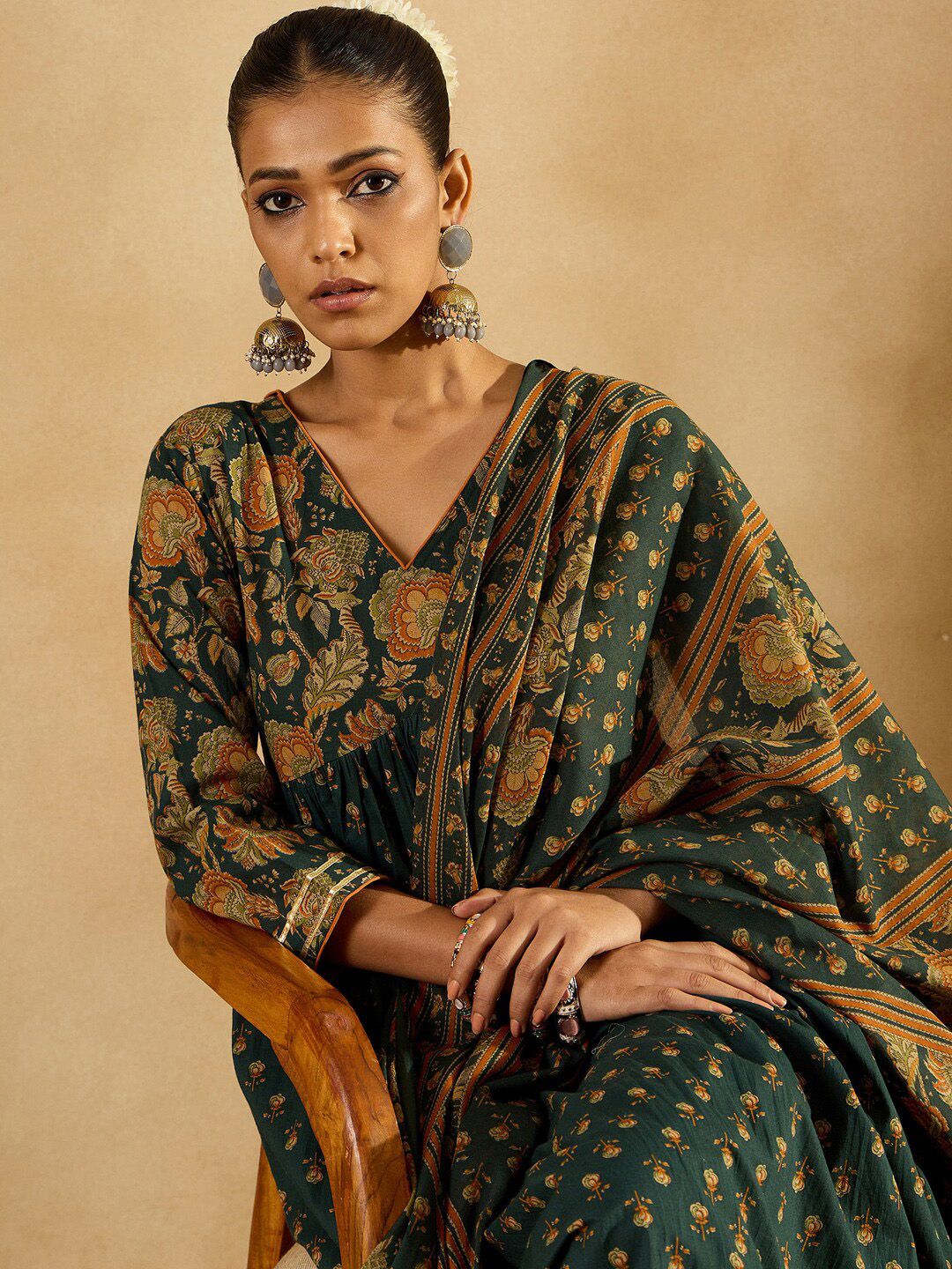 Indo Era Floral Printed Empire Pure Cotton A-Line Kurta With Trousers & Dupatta