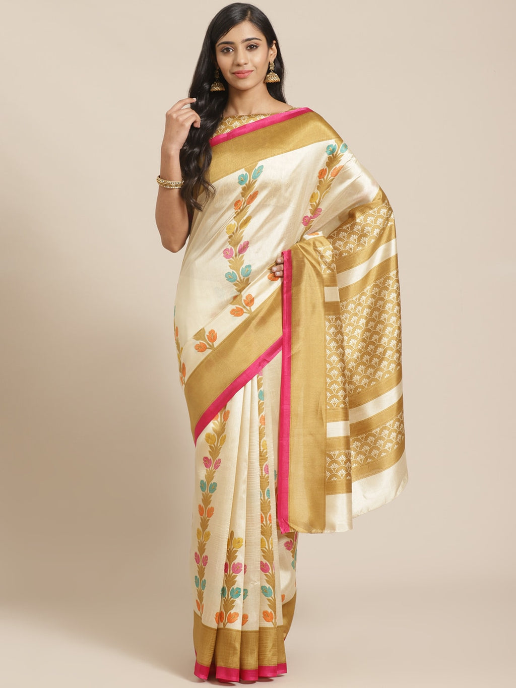 Saree Mall Beige & Pink Ethnic Motifs Print Saree
