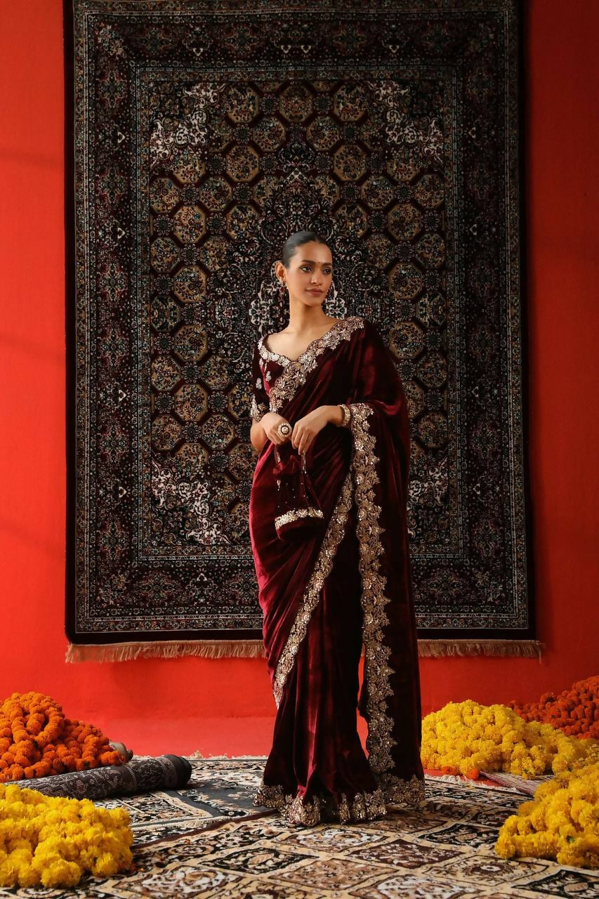 Vastranavya Designer Velvet Sequence & Zari Thread Embroidery work with border and Cutwork Saree - Wine