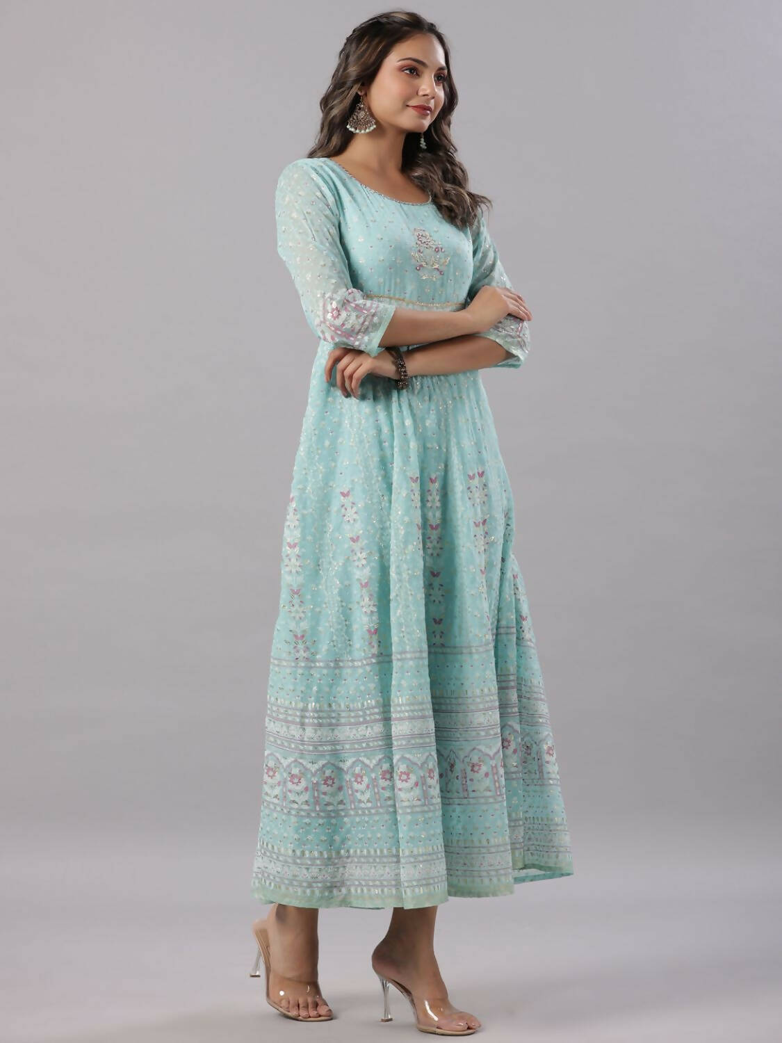 Juniper Women Sky Blue Chiffon Dobby Printed Maxi Dress