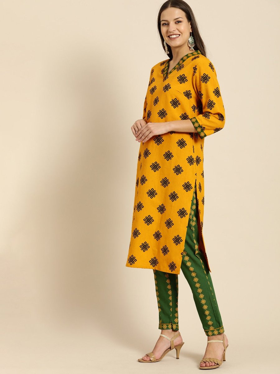 All About You Women Mustard Yellow Ethnic Motifs Printed Kurta with Green Printed Trousers