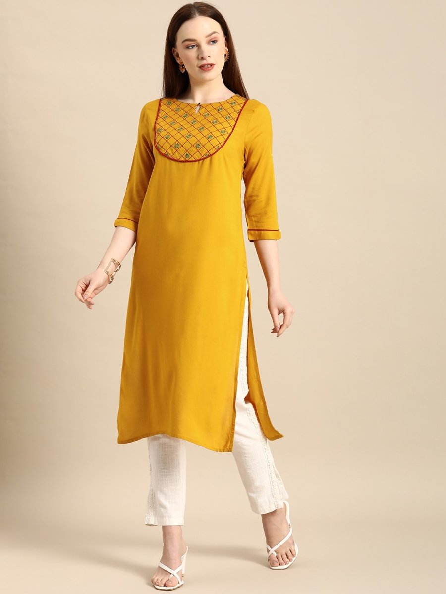 All About You Women Mustard Yellow Ethnic Motifs Yoke Design Keyhole Neck Straight Kurta
