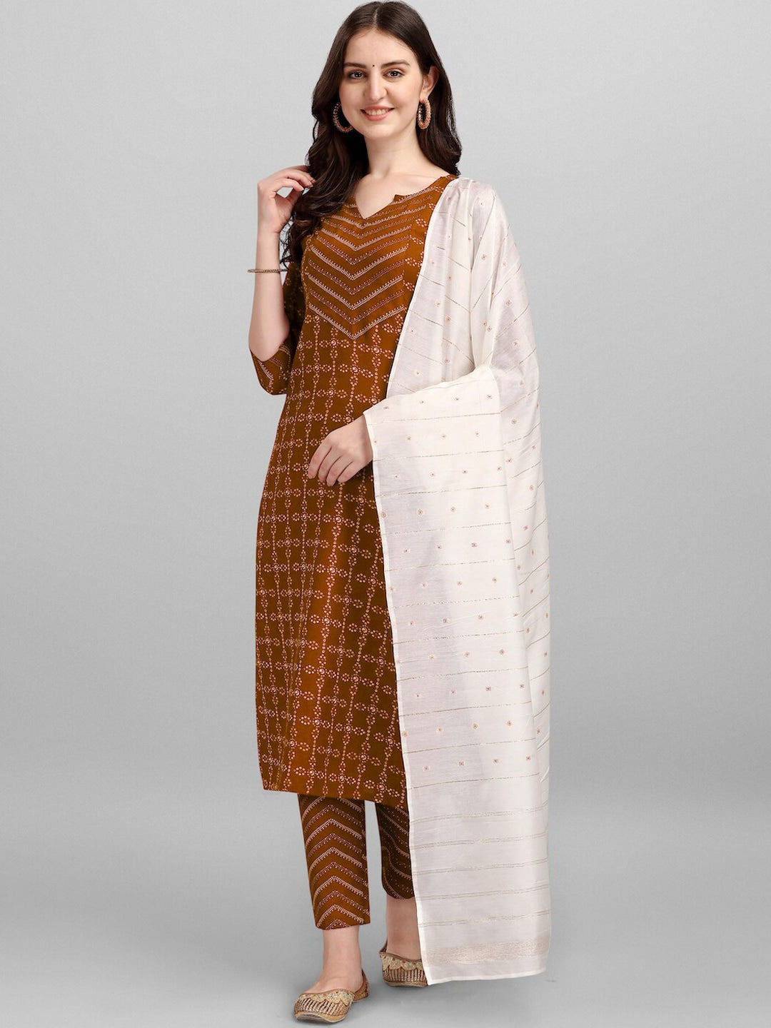 HERE&NOW Brown & White Regular Pure Cotton Kurta With Trousers & Dupatta