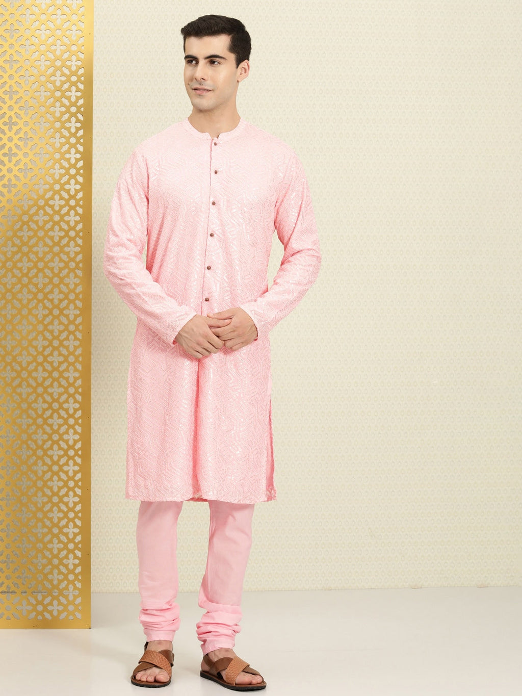 House of Pataudi Embroidered Regular Sequinned Rozana Kurta with Pyjamas