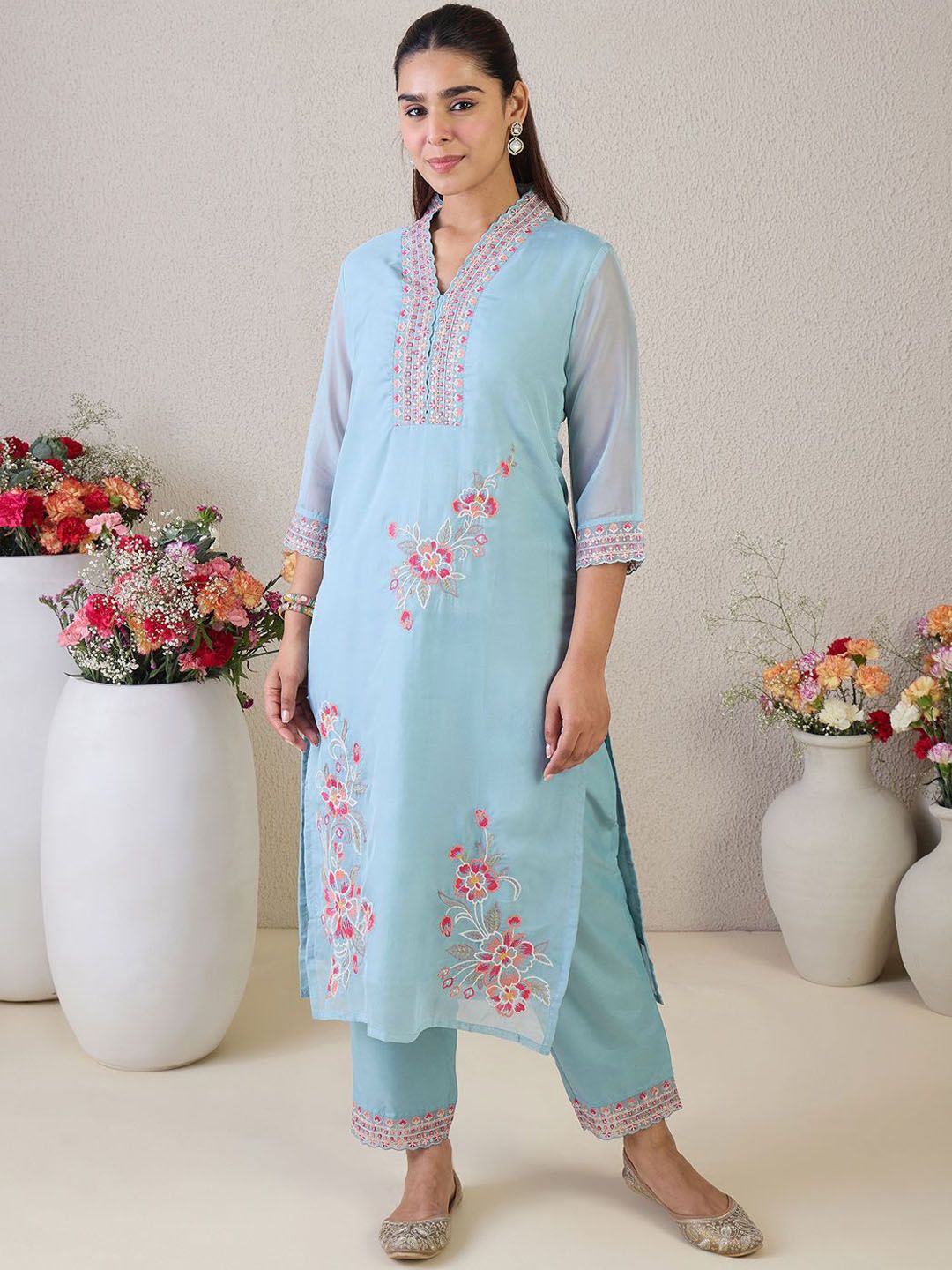 Indo Era Floral Embroidered V-Neck Thread Work Straight Kurta & Trousers & Dupatta