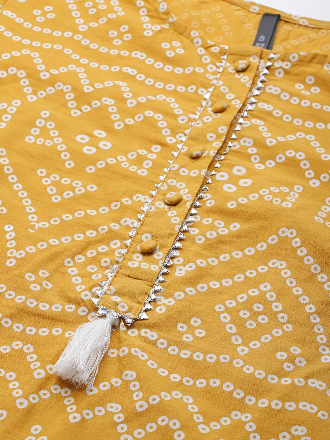 HERE&NOW Women Mustard Yellow & White Bandhani Printed Gotta Patti Kurta